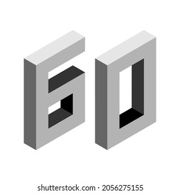 Gris número 60 en estilo isométrico. Aislado sobre fondo blanco. Números de aprendizaje, número de serie, precio, lugar.