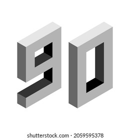 Gray number 90 in isometric style. Isolated on white background. Learning numbers, serial number, price, place. Vector illustration