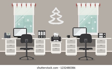 Gray office, decorated with Christmas decoration. There are desks, black chairs, a printer and other objects on a window background. There is also a decorative Christmas tree on the wall here. Vector
