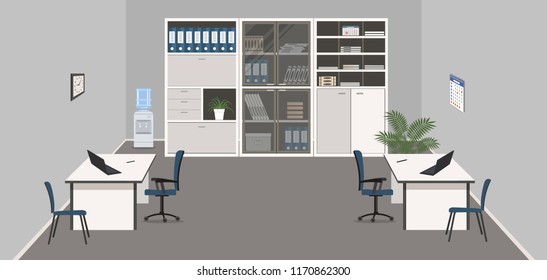 Gray office with a white furniture. There are desks, blue chairs, cabinets for documents, water cooler and flowers in the picture. Vector illustration.