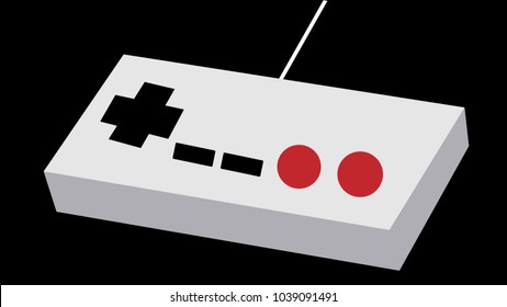 Gray old retro antique vintage hipster joystick manipulator panel from the 80's, 90's with red and black buttons for a game console for video games on a black background.