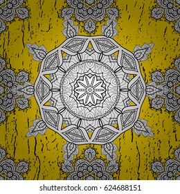 Gray on yellow background. Good for greeting card for birthday, invitation or banner. Vector illustration. Pattern medieval floral royal pattern. Decorative symmetry arabesque.