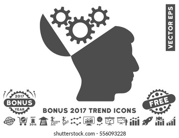 Gray Open Mind Gears pictograph with bonus 2017 trend symbols. Vector illustration style is flat iconic symbols, white background.