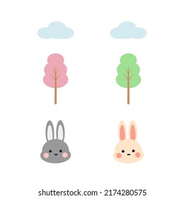 Gray and orange bunnies with clouds and nature woods creates fresh air for people and animals.Cute rabbits on white background. Elements for print design, greeting cards.
