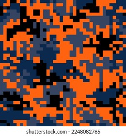 Gray orange camouflage seamless pattern. Digital pixel tiles on textile. Modern camo uniform, colorful street clothes fabric. Multicolor militaristic or fashion wallpaper flat vector illustration.