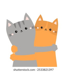 Gray and orange cat set. Cute cartoon funny kitty character gugs. Kawaii animal in love. Love couple hugging kittens. Happy Valentines Day. Greeting card. Flat design. White background. Vector