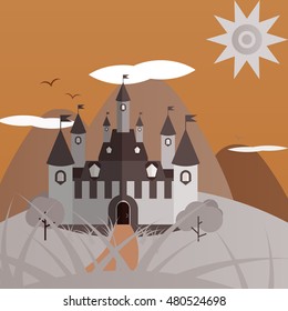 Gray and orange day castle landscape. Nice and simple illustration