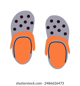 Gray and orange flip flop isolated on white background. Rubber flip flops with holes and strap. Silicone slates, clogs for children and adults. Summer aqua shoes, sandals . Vector flat illustration. 