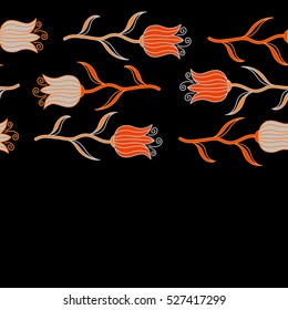 Gray and orange floral seamless pattern. Horizontal tulip sketch.