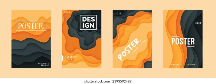 Gray and orange poster set background template papercut design style