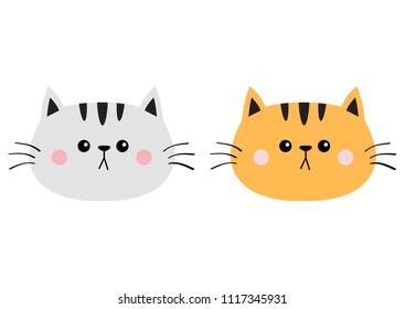 Gray orange red cat sad head face silhouette icon set. Cute cartoon kitty character. Kawaii animal. Funny baby kitten. Love card. Flat design. White background Isolated. Vector illustration
