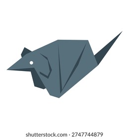 Gray origami mouse looking forward, tail pointing up, simple design, isolated on white background