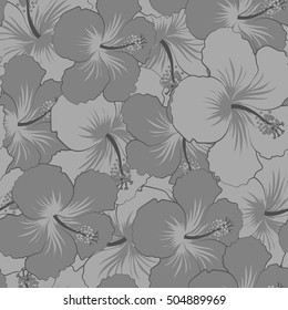 Gray ornament of simple hibiscus flowers, vector abstract seamless pattern for design and textile.