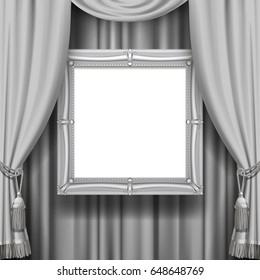 Gray ornamental curtain background with a suspended silver classic frame. Square presentation artistic poster and placard. Vector illustration