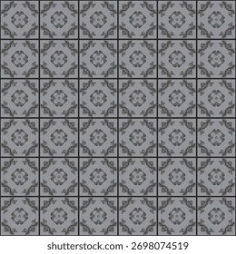 A gray ornamental tile pattern with intricate floral curves, evoking a timeless vintage aesthetic.