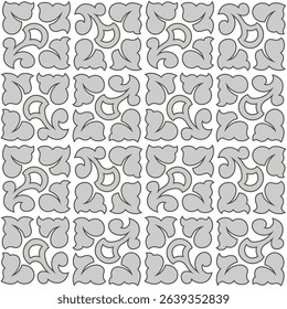 Gray ornate leaves on white background. Medieval plant square embroidery ornament. Monochrome leaves vector illustration. Antique style seamless pattern. Vintage floral design element