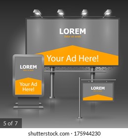 Gray outdoor advertising design for company with orange arrow. Elements of stationery.