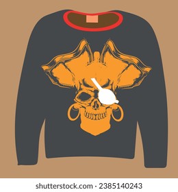 Gray outfit in front of the background and orange pirate pattern with eye patch in front of it