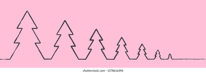 The gray outline of the Christmas tree trees is connected by one line from large to small on a pink background. New year minimalistic design for greeting cards, banners with place for text.