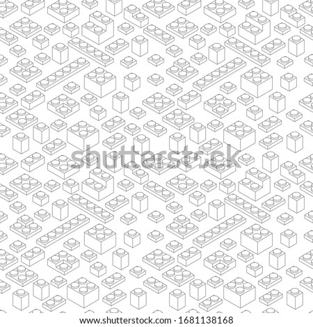 Gray outline contour isometry plastic bricks seamless pattern background. Building blocks for children construction kits. Isometric view. Vector line.