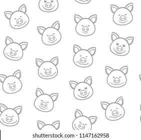 Gray outline faces of piglets on a white background. Pigs are laughing, different emotions.  