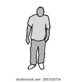 Gray outline figure man standing his feet   waiting someone  hand drawn simple illustration  Human and hand in his pocket cartoonish sign  Person silhouette pen drawing detail 