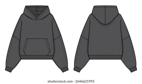 Gray Oversized Hoodie Technical Fashion Illustration. Pullover Hoodie with Dropped Shoulders and Kangaroo Pocket Vector Template. Rib Knit. Front and Back design. Unisex streetwear. CAD Mockup set.