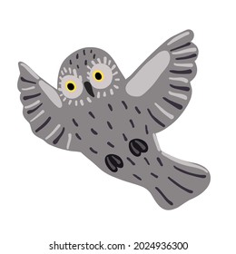 A gray owl flies in a speck. The owl has yellow eyes.