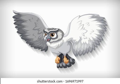 Gray owl flying on white background illustration