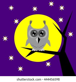 The gray owl on a moon background. Vector.