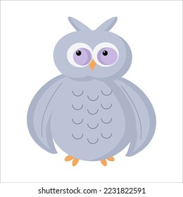 Gray owl with purple eyes on white