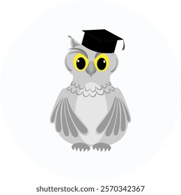 A gray owl student in a black graduate hat. A wise, educated owl