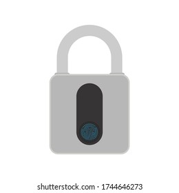 Gray padlock with fingerprint scanner. A modern lock is opened with a fingerprint. Isolated. Vector.