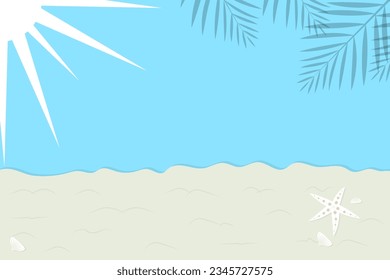 Gray palm leaves on a light blue background and sand waves on the beach with sunlight, starfish and shellfish.