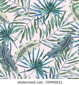 Gray palm leaves on the light pink background. Vector seamless pattern. Tropical illustration. Jungle foliage.