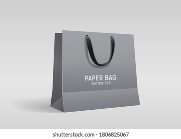 Bolsa de papel gris, con diseño de mango de tela negra, plantilla sobre fondo gris Eps 10 ilustración vectorial