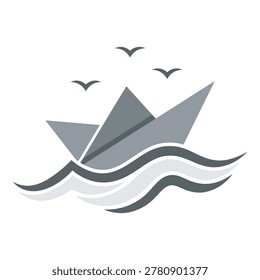 Gray paper boat floating on wavy water with flying birds serene scene icon