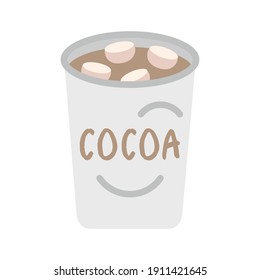 Gray paper cup of cocoa and marshmallows. Cute cozy gray cup with hot warm cocoa, simple vector flat illustration, icon, for cafe, with a smile. Stock vector illustration isolated on white background.