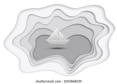 Gray paper cut lake and paper ship isolated on white background. Vector illustration.