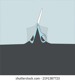 gray paper cut with scissors on dark background, scissors cut paper in half horizontal vector illustration in cartoon style.