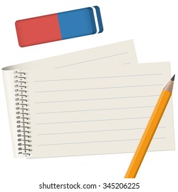gray paper pad with pencil and eraser