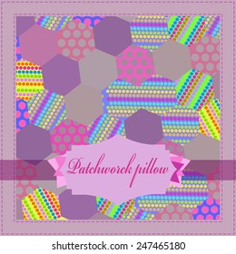 Gray patchwork pillow, label. Hand drawn.