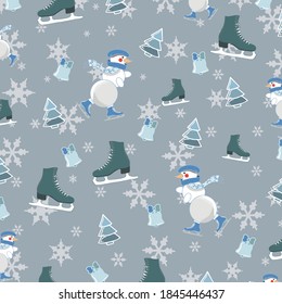 Gray pattern background with snowman and skates