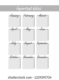 gray pattern. calendar with birthdays and other events in a minimalist form. Universal blue stylish calendar of important dates.