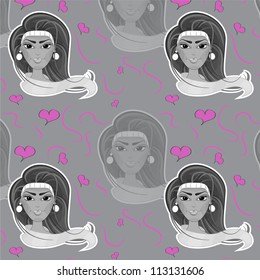gray pattern with a girl and pink hearts