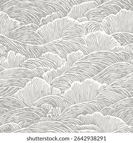 Gray pattern inspired by the traditional  wave motif,  on linen fabric print pattern, cotton, silk, vector illustration, doodle summer, kids and baby designs for print fabric.