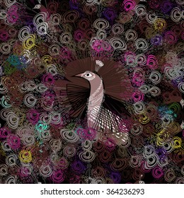 Gray peacock on a dark background of multicolored feathers. Vector. Seamless pattern.