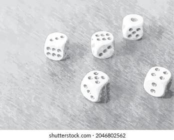 Gray Pencil drawing of dice. A game combination of five dice. Vector illustration.