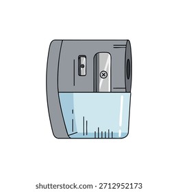 Um apontador de lápis cinza com um recipiente de plástico transparente para aparas fica sobre um fundo branco.