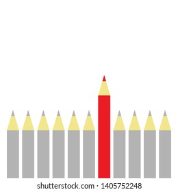 Gray pencils and outstanding red pencil. Be different. Go your own way. Leadership, individuality and creativity concept. Vector illustration.
